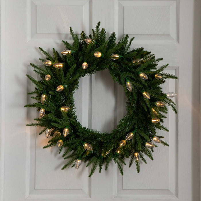 Nearly Natural 24" Pre-Lit Artificial Luxembourg Pine Christmas Wreath with 35 Multicolored Traditional Bulb LED Lights