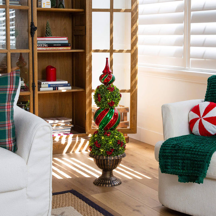 Nearly Natural 3' Pre-Lit Artificial Christmas Ornament Boxwood Topiary Tree with 70 Warm White LED Lights
