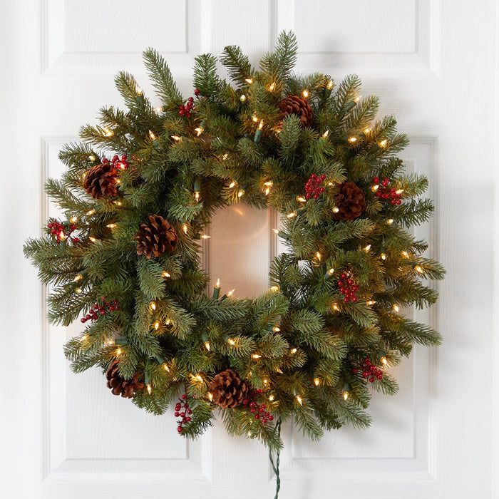 Nearly Natural 30” Lighted Pine Wreath w/Berries & Pine Cones