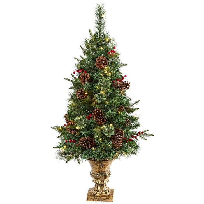 Nearly Natural 4’ Pine, Pinecone and Berries Artificial Christmas Tree in Decorative Urn