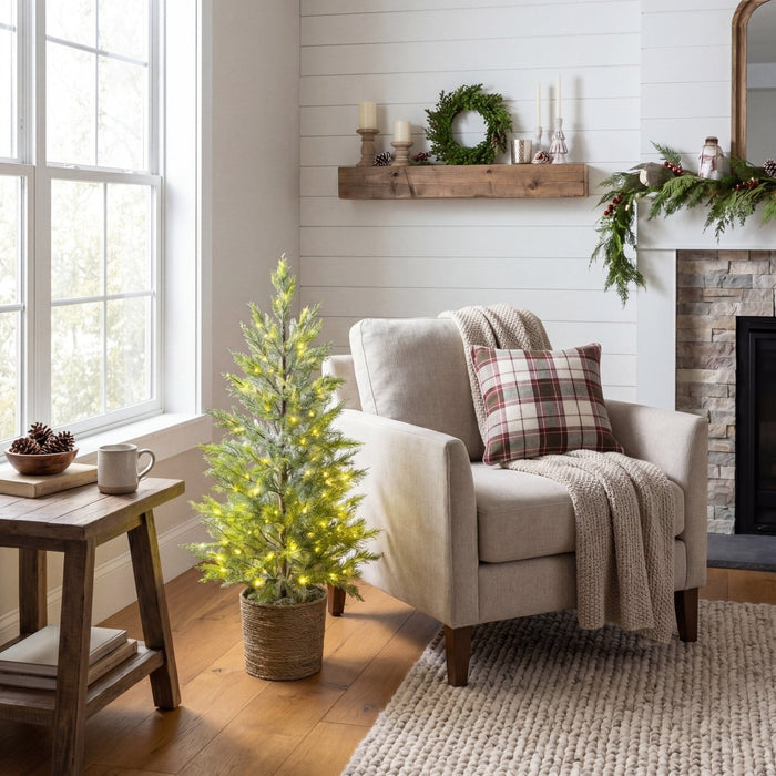 Nearly Natural 4’ Pre-Lit Artificial Snowed Cypress Christmas Tree with 120 LED Lights in Hyacinth Basket