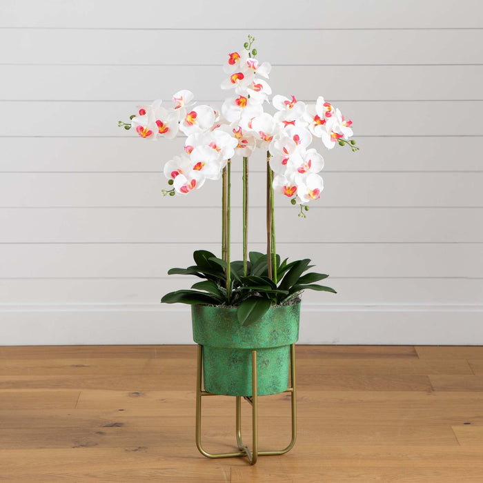 Nearly Natural 43” Artificial Orchid Arrangement in Patina Metal Planter with Stand