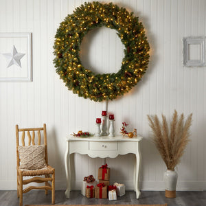 5’ Flocked Artificial Christmas Wreath with Pinecones, 300 Clear LED Lights and 680 Bendable Branches