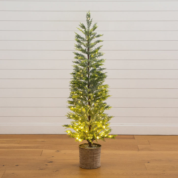 Nearly Natural 5’ Pre-Lit Artificial Snowed Cypress Christmas Tree with 140 LED Lights in Hyacinth Basket
