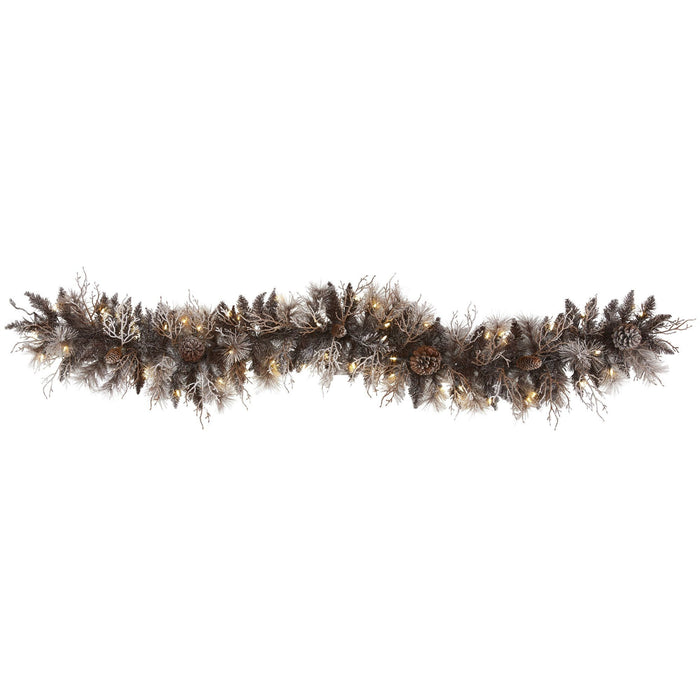 Nearly Natural 6' Flocked Artificial Christmas Garland with 50 White Warm LED Lights and Pine Cones