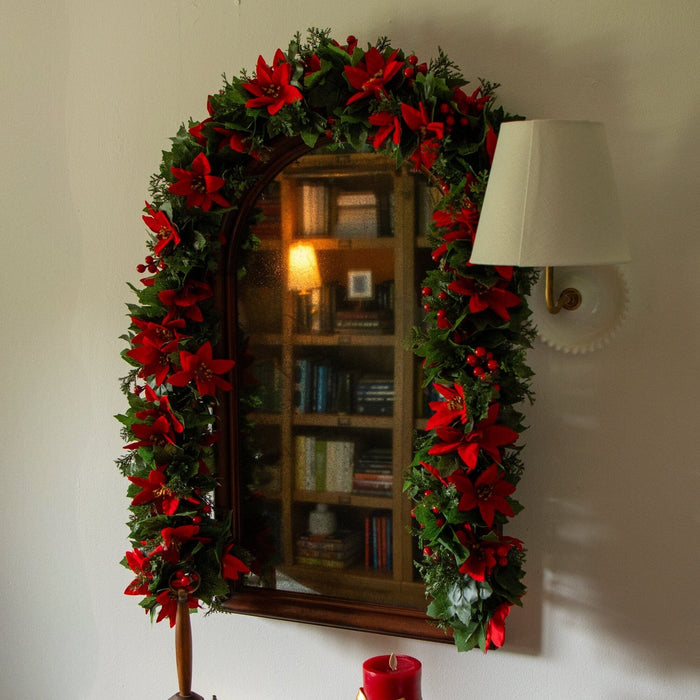Nearly Natural 6’ UV Resistant Artificial Christmas Poinsettia & Berries Garland (Indoor/Outdoor)