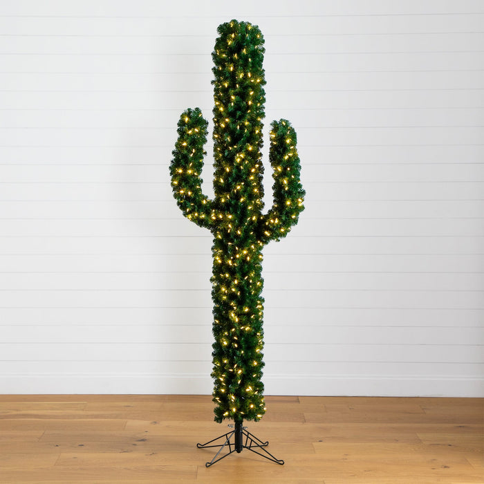 Nearly Natural 7' Pre-Lit Artificial Cactus Christmas Tree with 500 Micro LED Lights