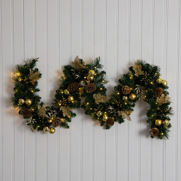 Nearly Natural 9' Pre-Lit Artificial Golden Frosted Christmas Garland with 50 Warm White LED Lights Pinecones