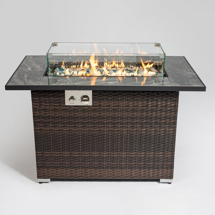 AS Outdoor 44" Propane Gas Fire Pit Table with Tile Top and Wicker Base