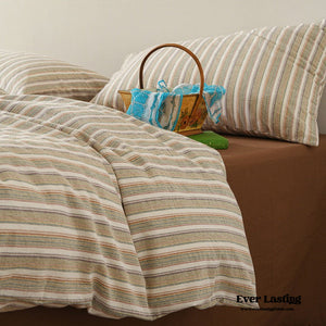 Ava Vintage Striped Cotton Bedding Set / Beige Solid