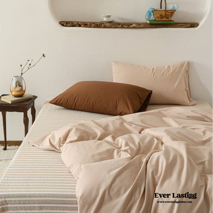 Ever Lasting Ava Vintage Striped Cotton Bedding Set / Beige Solid