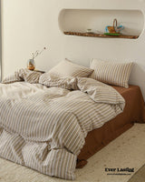 Ava Vintage Striped Cotton Bedding Set / Beige Solid