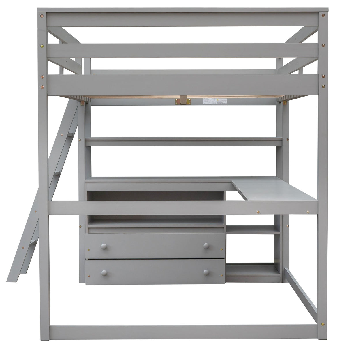 Modern Loft Bed With Built In Desk, Shelves, And 2 Drawers