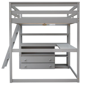 Modern Loft Bed With Built In Desk, Shelves, And 2 Drawers