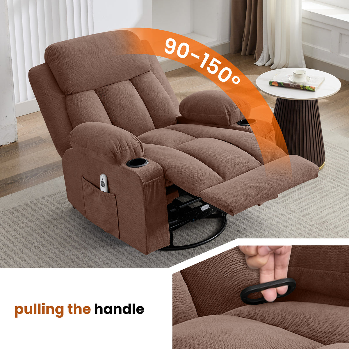 Swivel Rocker Recliner Chair with Vibration Massage and Heat - Brown, Blue, Grey