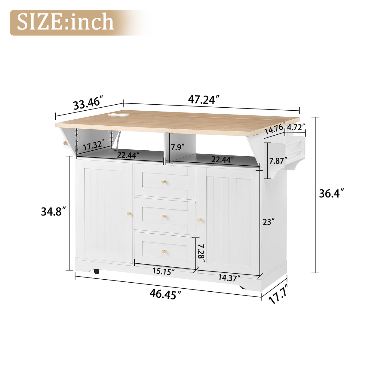 Large Kitchen Island with 2 Drop Leaf and Power Outlet
