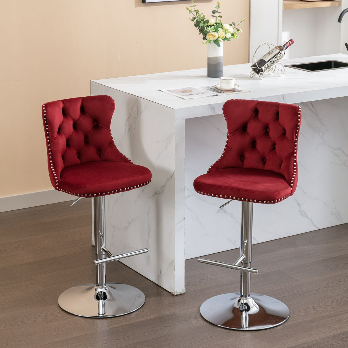 Swivel Barstools Adjusatble Seat Height From 25-33", Modern Upholstered Base Bar Stools With Backs Comfortable Tufted For Home Pub And Kitchen Island (Set of 2)