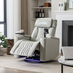 270° Power Swivel Recliner Home Theater Chair With Hidden Arm Storage, LED Light, Cup Holder, And Tray Table