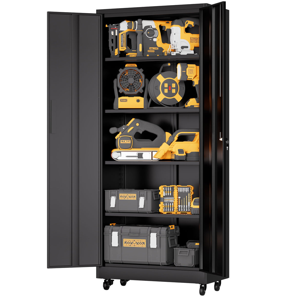Storage Cabinet With Wheels And Lock, 4 Adjustable Shelves, 3 Point Locking Security, For Tool Organization In Garage - Black