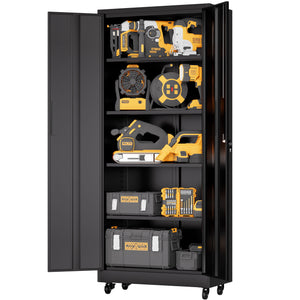 Storage Cabinet With Wheels And Lock, 4 Adjustable Shelves, 3 Point Locking Security, For Tool Organization In Garage - Black
