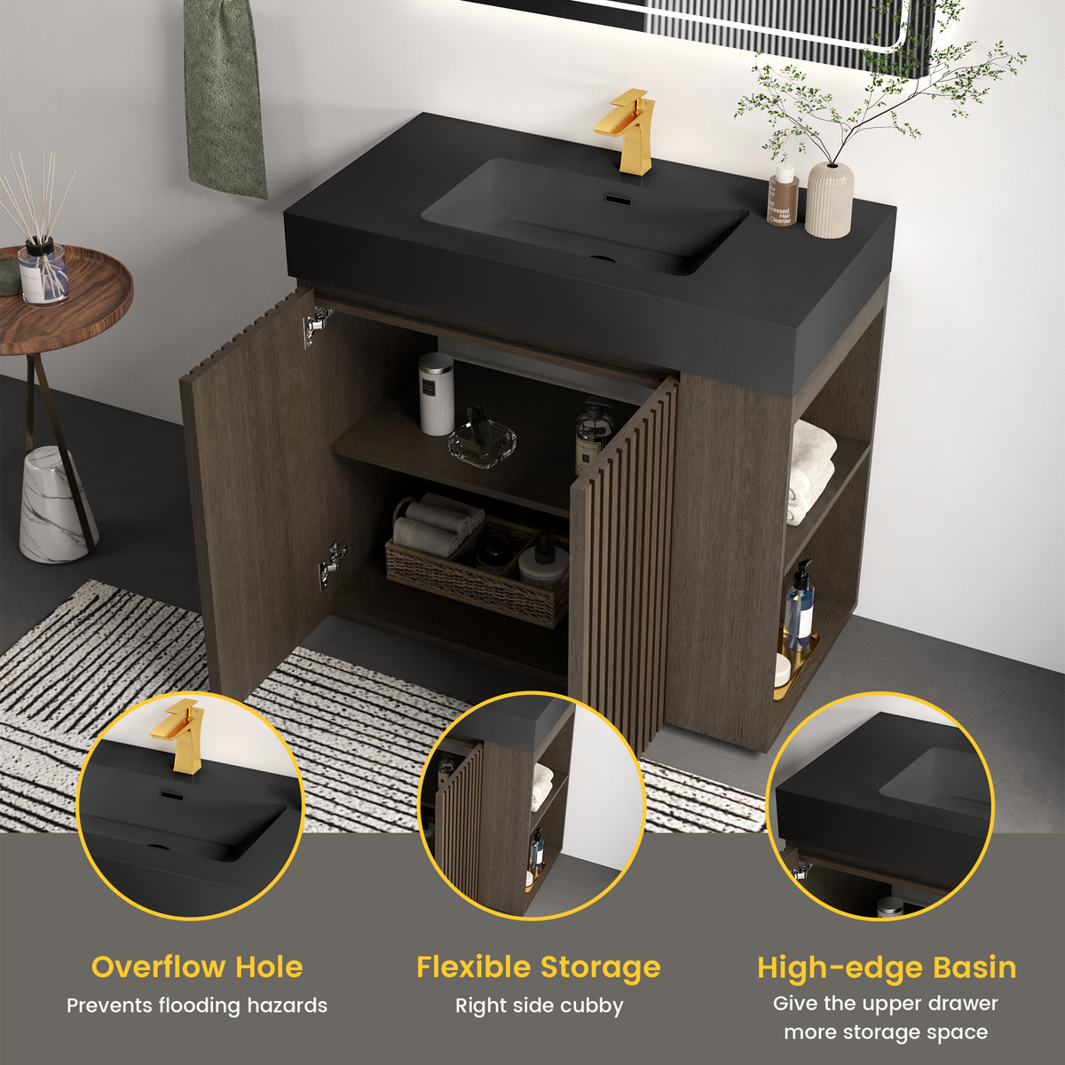 GALAN 36-Inch Bathroom Vanity, Smoked Oak, Dark Walnut with Solid Surface Sink