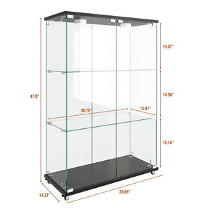 Modern Display Cabinet With LED Lights, Transparent Tempered Glass 2 Door Storage Case With 3 Shelves