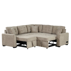 L-Shape Sofa Bed Pull-Out Sleeper Sofa With Wheels, USB Ports, Power Sockets For Living Room