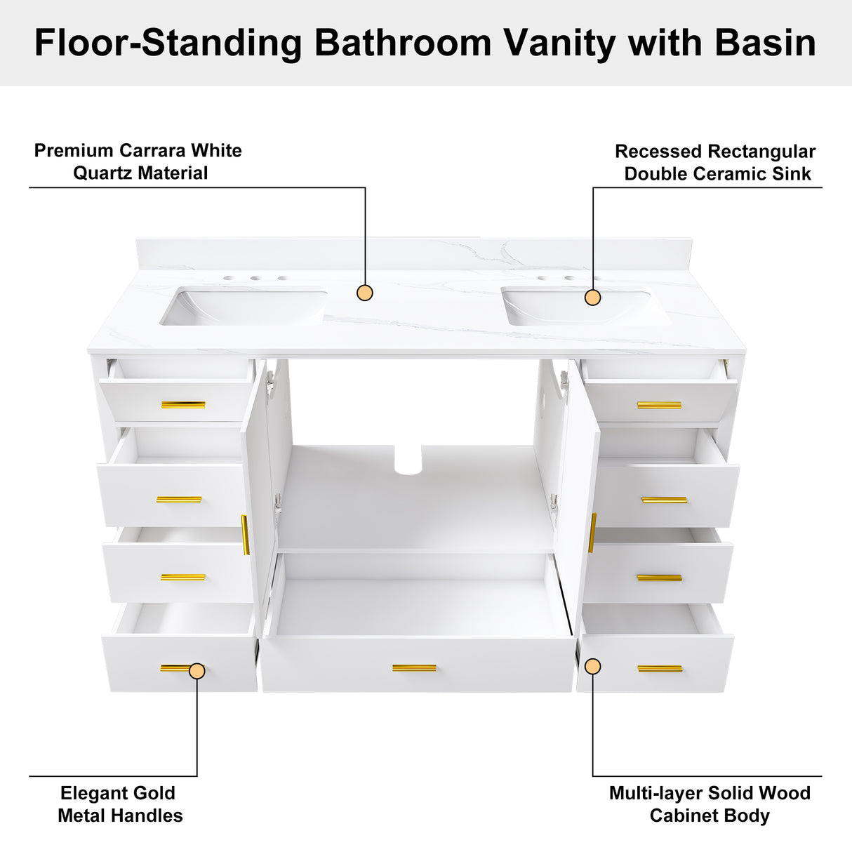60" Solid Wood Bathroom Vanity with 2 Sinks