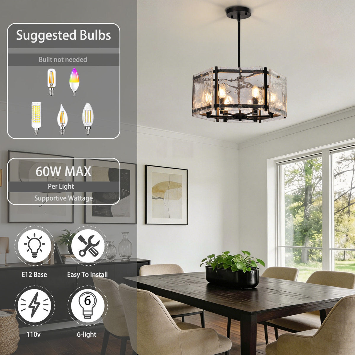 19.7-Inch 6-Light Dimmable Drum Chandelier, Black Glass and Metal