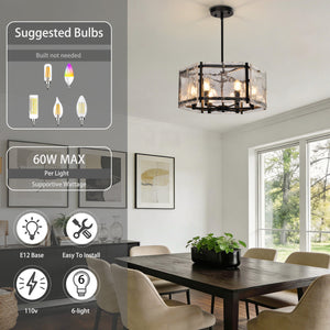 19.7-Inch 6-Light Dimmable Drum Chandelier, Black Glass and Metal