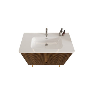Etna 36-Inch Bathroom Vanity with Ceramic Sink, Walnut Striped