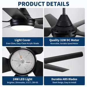 Ceiling Fan With Lights And Remote Control, Reversible DC Motor, 6 Speeds, 3 Cct Dimmable LED, Quiet Timer For Indoor - Black