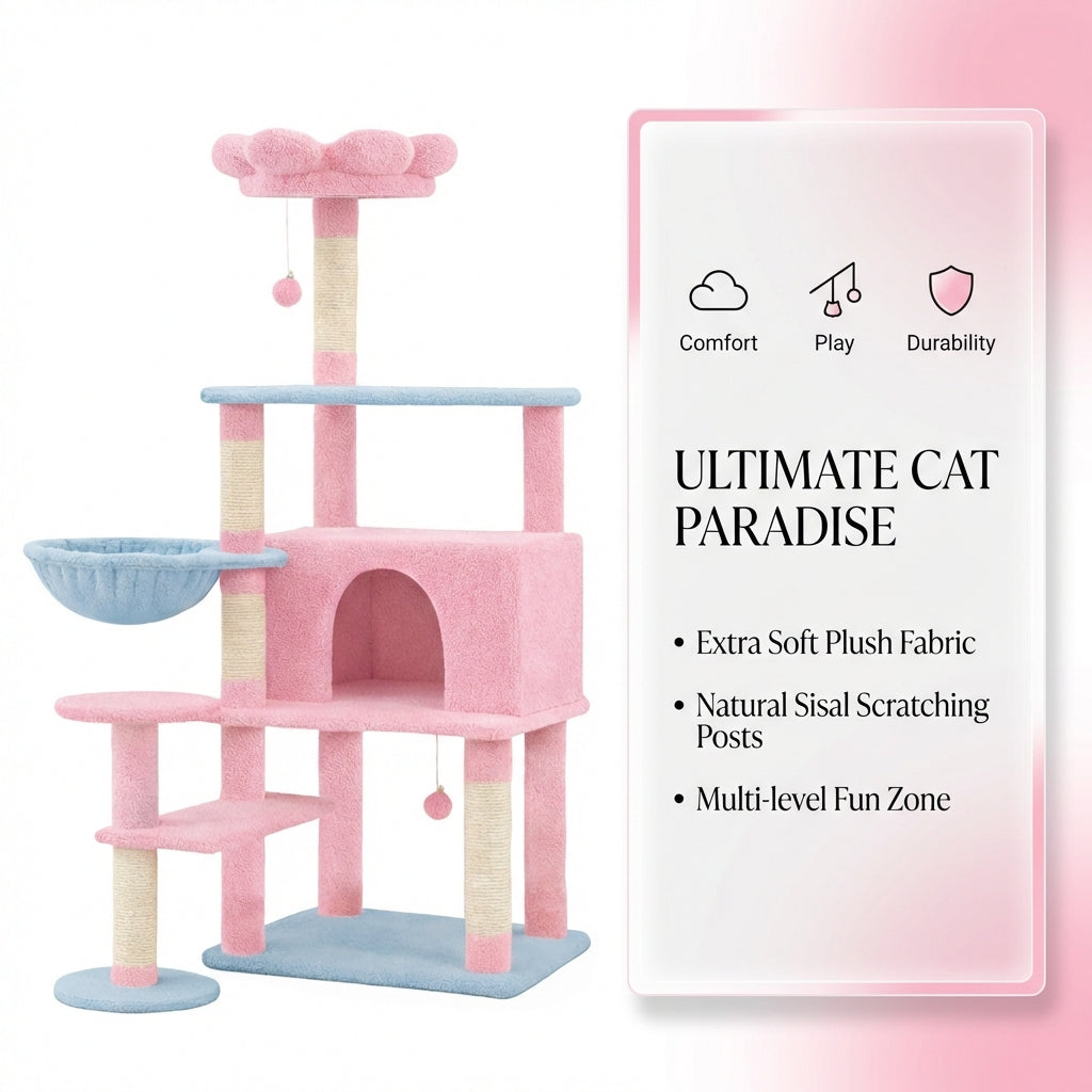 Flower Cat Tree with Large Condo, Removable Cushion and Hammock, 56-Inch, Pink