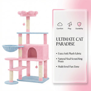 Flower Cat Tree with Large Condo, Removable Cushion and Hammock, 56-Inch, Pink