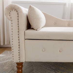 Chaise Lounge Indoor, Lounge Chair For Bedroom With Storage & Pillow, Modern Upholstered Rolled Arm Chase Lounge For Sleeping With Nailhead Trim For Living Room Bedroom Office