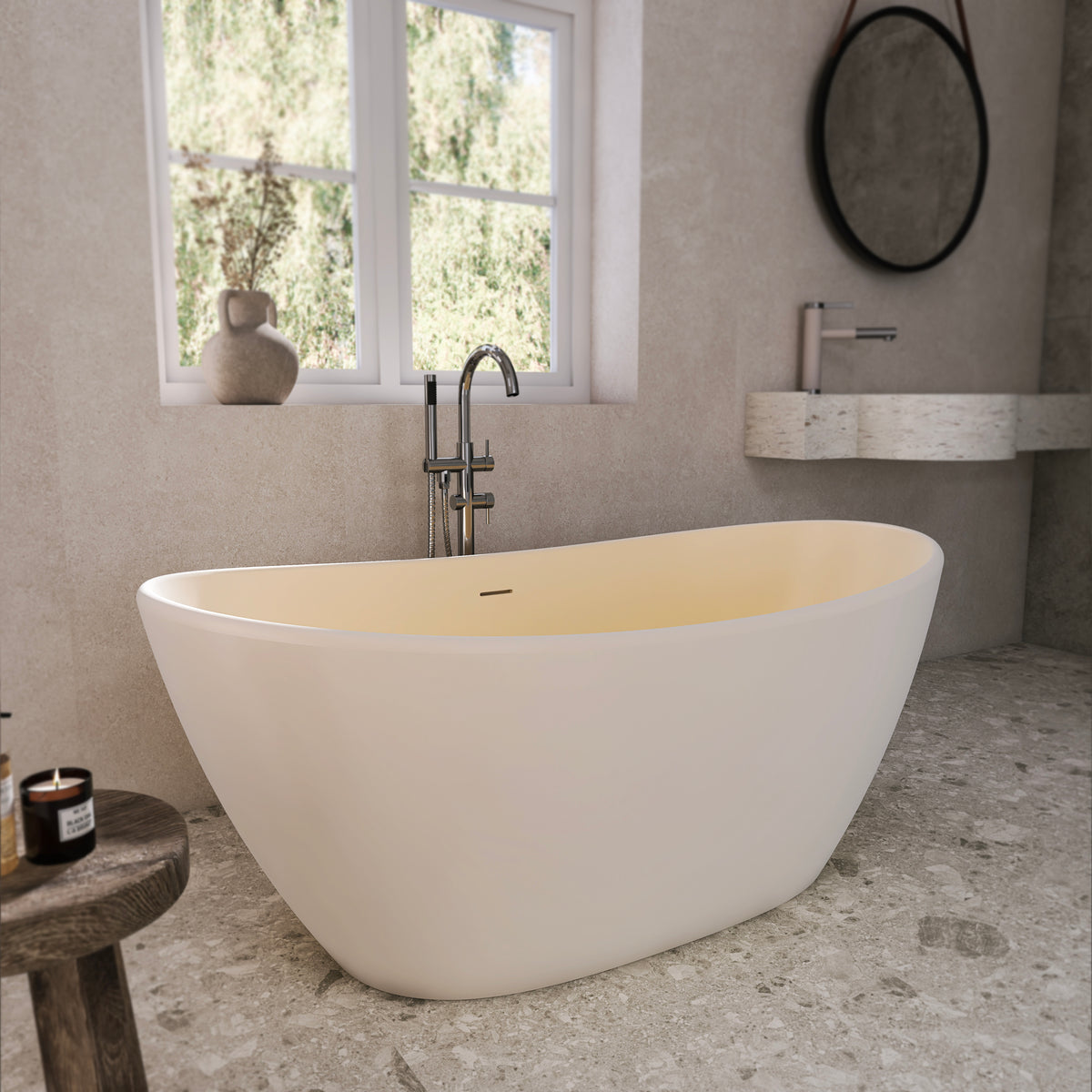 61 Inch Freestanding Solid Surface Soaking Bathtub