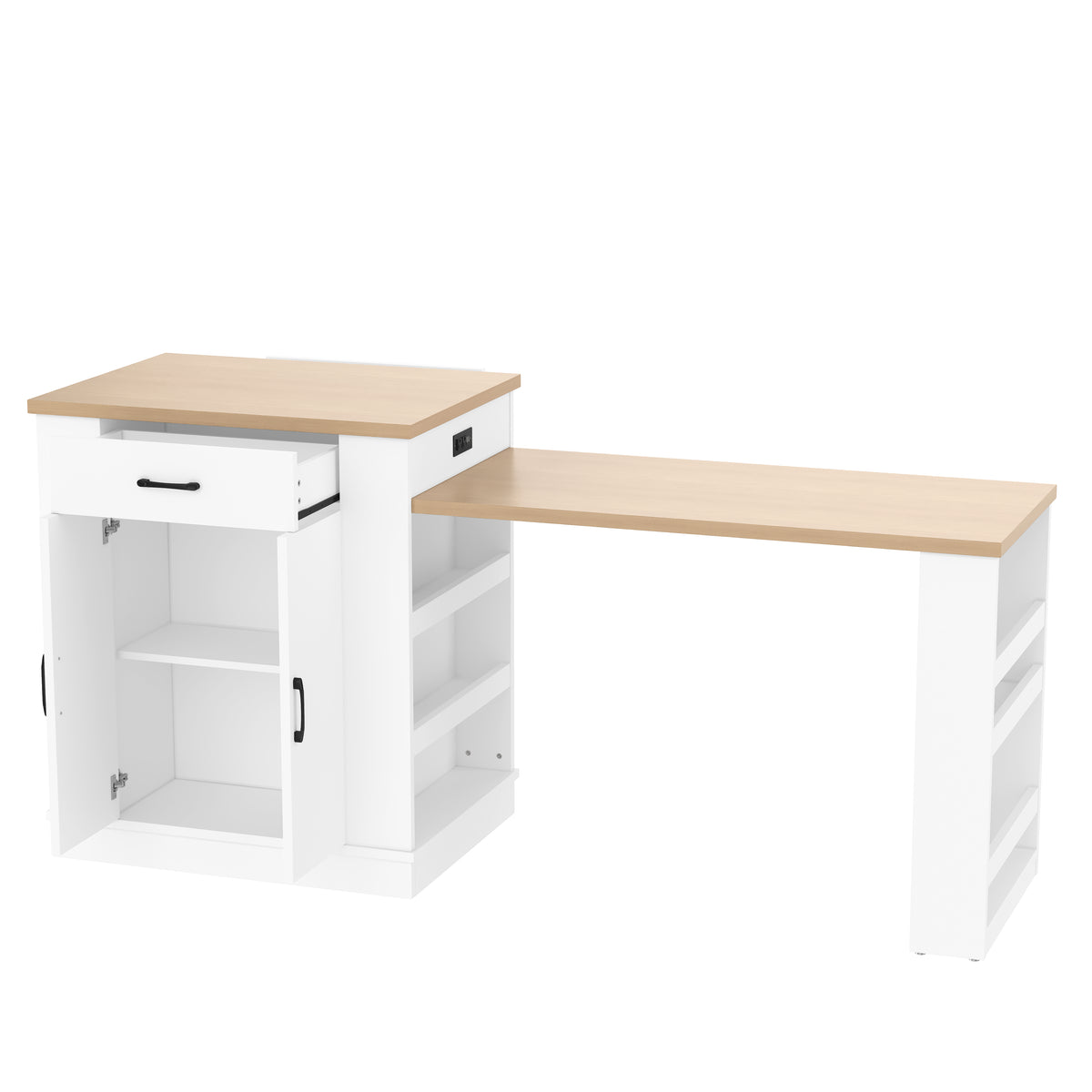 Extendable Island Console with Drawers, Double-Door Cabinet, and Open Shelving