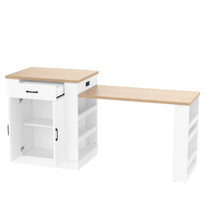 Extendable Island Console with Drawers, Double-Door Cabinet, and Open Shelving
