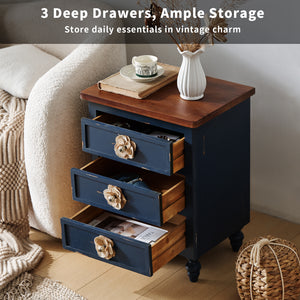 Vintage Farmhouse Nightstand with Floral Knobs, 3 Drawers, Antique Blue