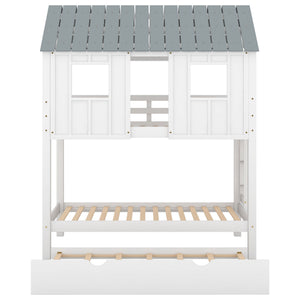 Twin Size House Bunk Bed With Trundle, Roof And Windows - White / Gray