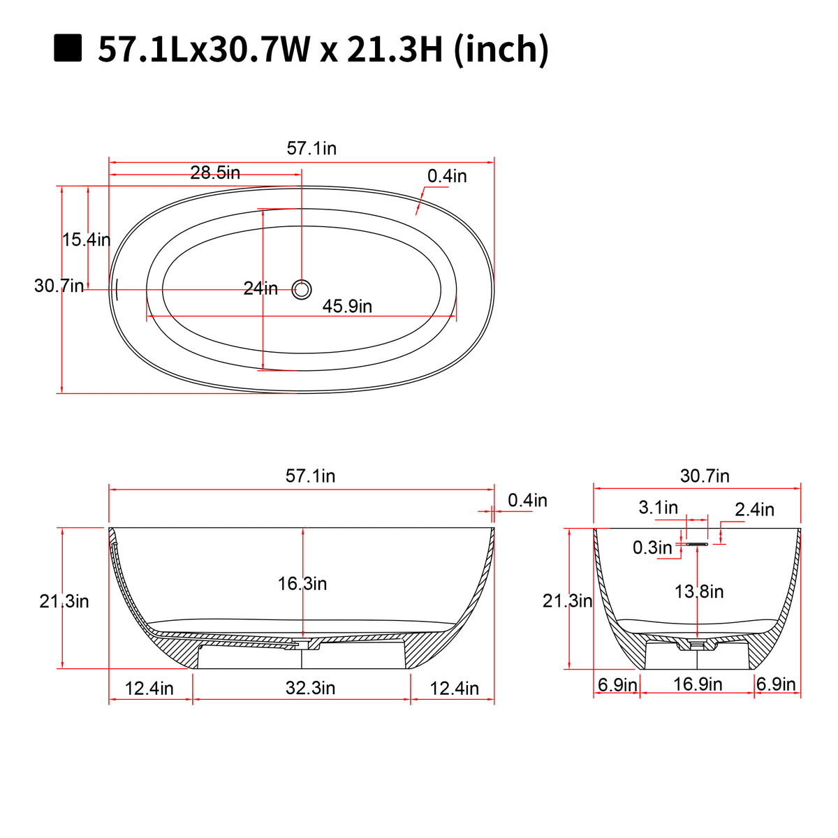 57'' Freestanding Bathtub Resin Stone Soaking Bathtub