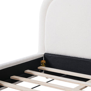 King Size Bed Frame With Boucle Upholstered Thick Curved Headboard, Solid Wood Legs