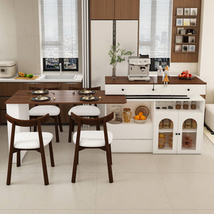 Retro Kitchen Island Set With Chairs, Extendable & Rotating Table, 4 Drawers & Door Cabinets