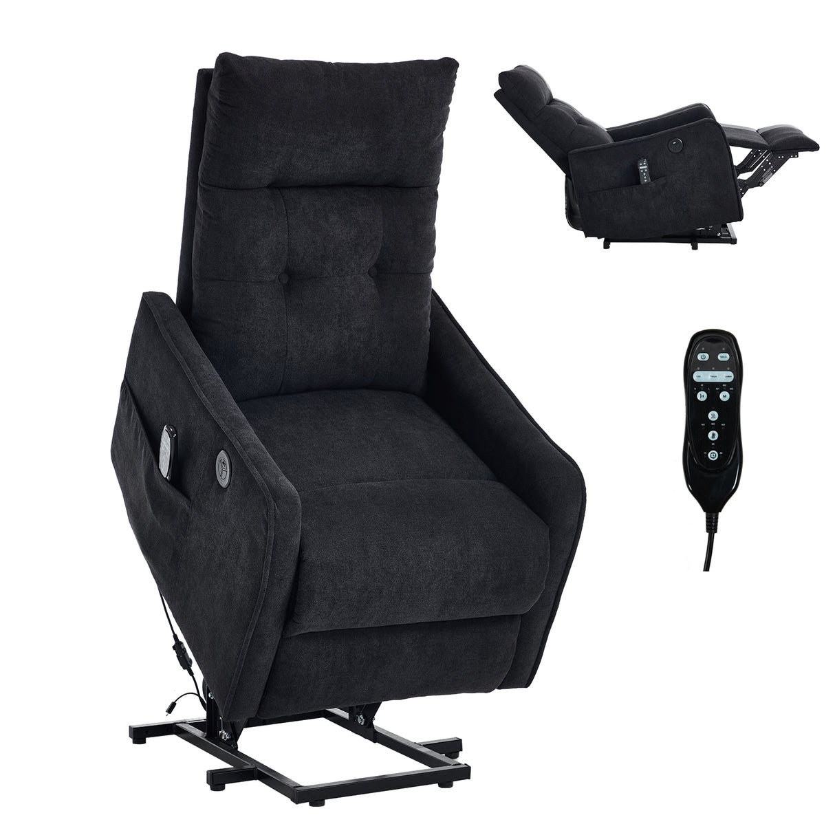 Black Chenille Single Motor Power Lift Recliner Chair