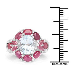 3.54 Carat Genuine Aquamarine, Ruby and White Topaz .925 Sterling Silver Ring