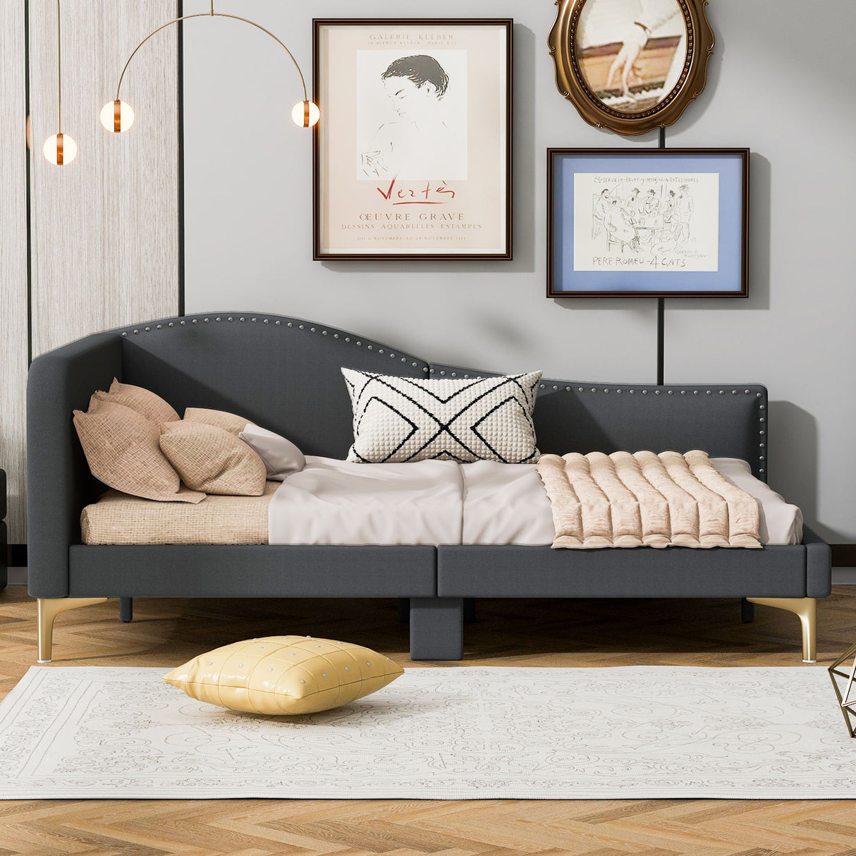 Upholstered Daybed With Headboard And Armrest, Support Legs