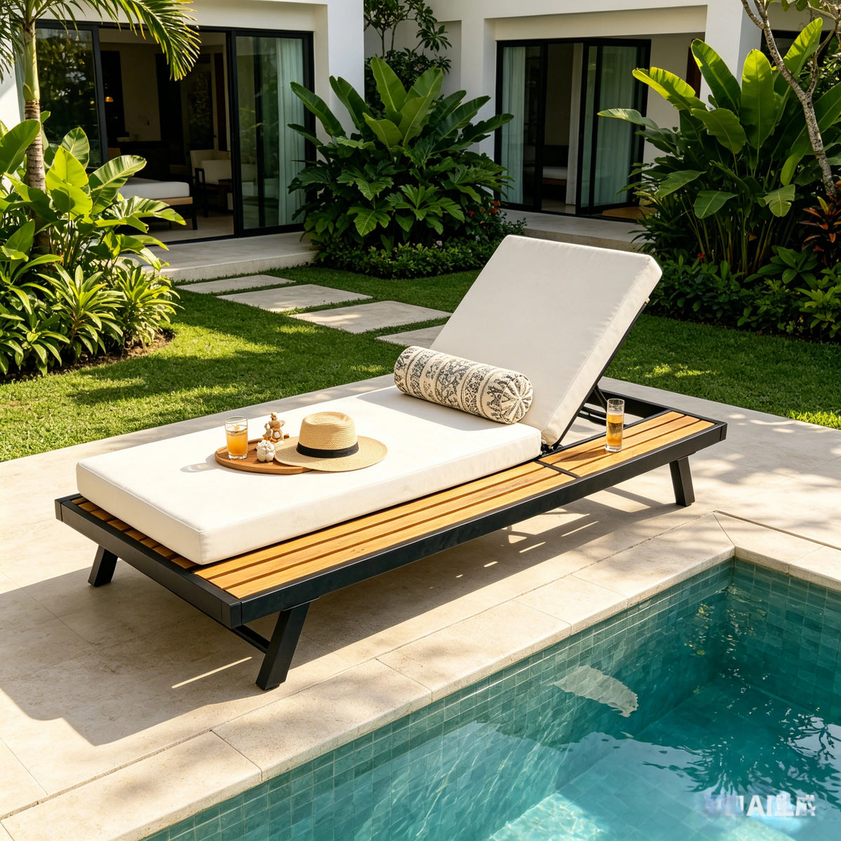 Black Iron and Teak Finish Chaise Lounge Set