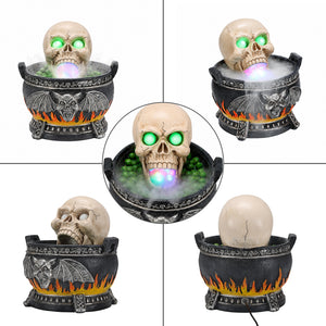 Halloween Skull Cauldron Statue with LED Light and Smoke Fog Effect