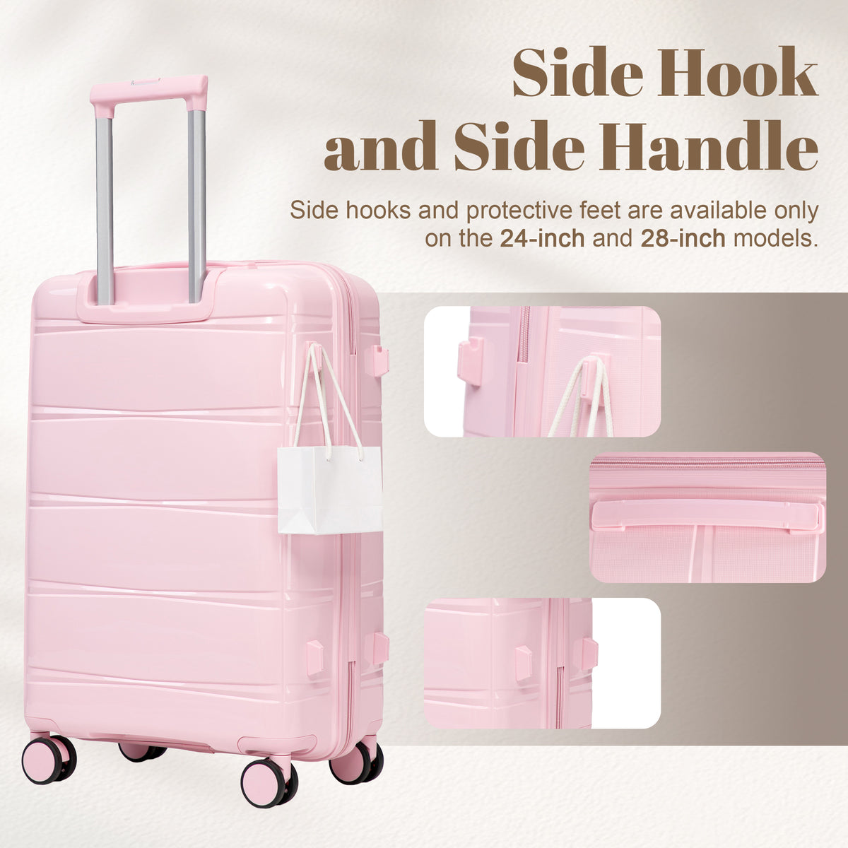 3-Piece Polypropylene Luggage Set, 20/24/28 Inch, Pink