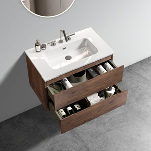 Wall Mount 30" Walnut Bathroom Vanity with Ceramic Sink